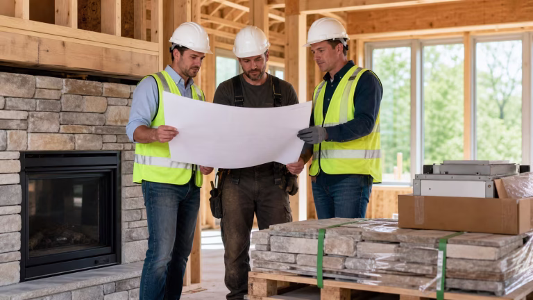 builders reviewing fireplace plan